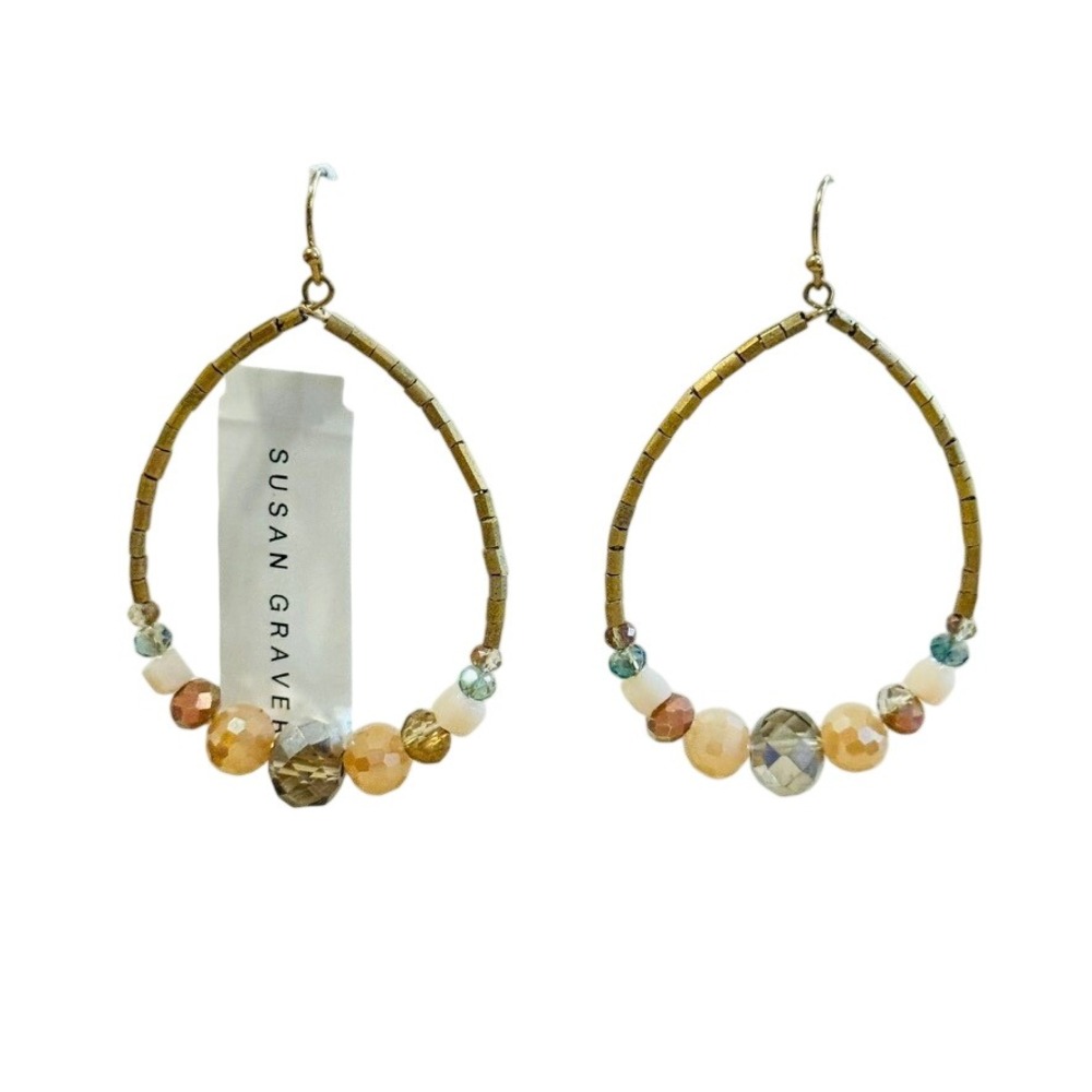 Susan Graver Hoop Earrings Gold Dangle Crystal Beaded Pierced Boho Teardrop Hook
